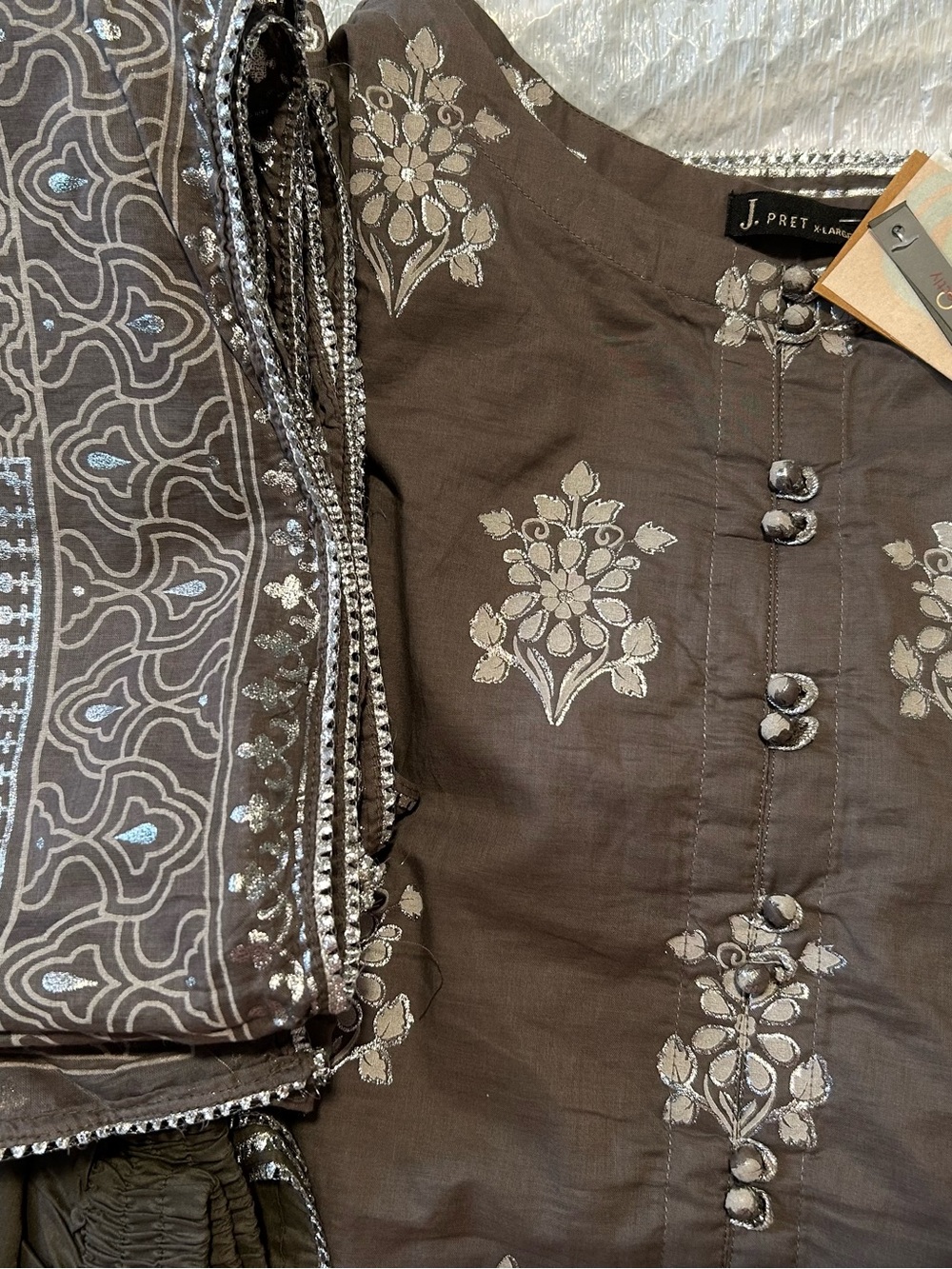 Pakistani Grey&silver Block Printed 3 pc Suit for Women in Size 16 by J.Pret - Picture 6 of 8